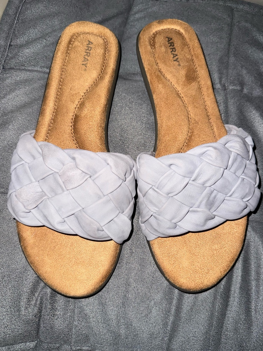 ARRAY Braided Slide Sandals in Light Gray and Tan Footbed